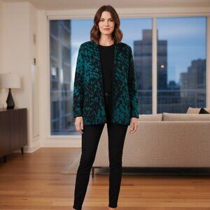 NWOT Chico’s Cardigan Sweater Women’s L Teal Black Jacquard Cardigan
